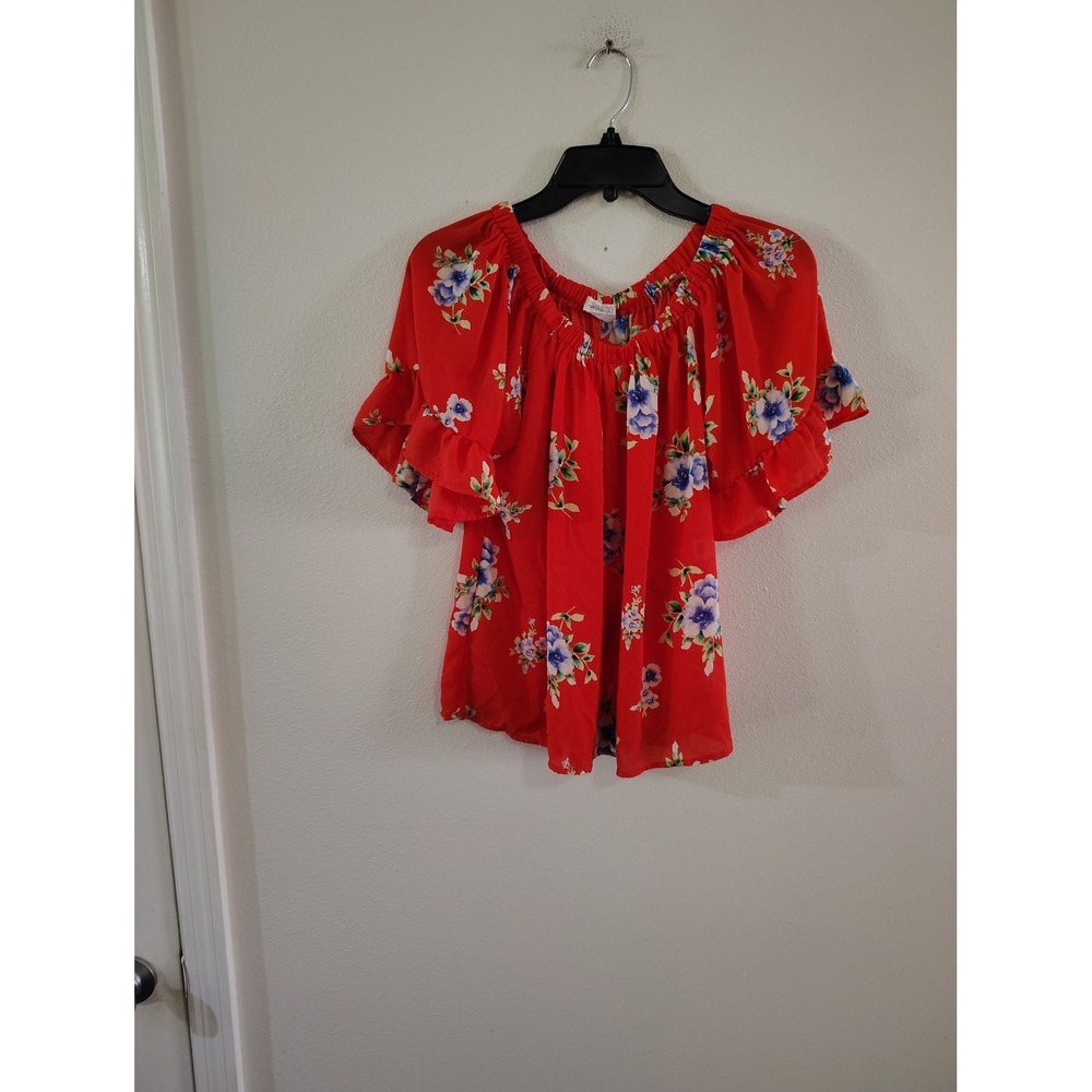 Sienna Sky Red Floral Off The Shoulder Ruffle Sleeve‎ Blouse Top Small